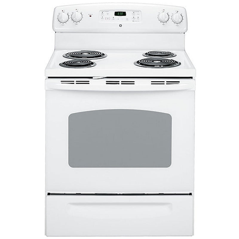 GE JCBP240DMWW Electric Range, 5 cu. ft. Capacity, 30 inch Exterior Width, 4 Burners, Storage Drawer, Self Clean, 2,400 W Highest Element, White colour