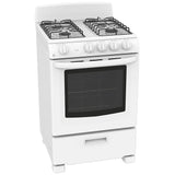 GE JCGAS300DMWW Gas Range, 2.9 cu. ft. Capacity, 24 inch Exterior Width, Manual Clean, 4 Burners, Storage Drawer, 12,000 BTU Highest Burner, White colour