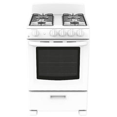 GE JCGAS300DMWW Gas Range, 2.9 cu. ft. Capacity, 24 inch Exterior Width, Manual Clean, 4 Burners, Storage Drawer, 12,000 BTU Highest Burner, White colour