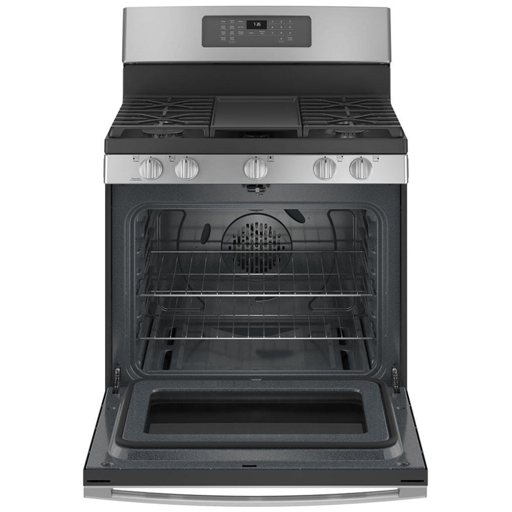 GE JCGB735SPSS Gas Range, 5 cu. ft. Capacity, 30 inch Exterior Width, Self Clean, Convection, 5 Burners, Storage Drawer, Yes, 18,000 BTU Highest Burner, Stainless Steel colour