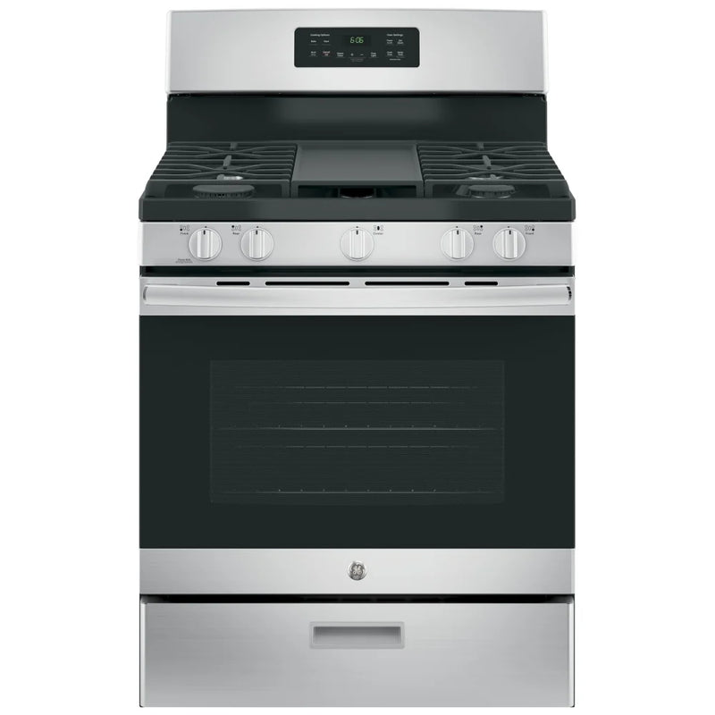 GE JCGBS66SEKSS Gas Range, 5 cu. ft. Capacity, 30 inch Exterior Width, Manual Clean, 5 Burners, Broiler Drawer, 15,000 BTU Highest Burner, Stainless Steel colour