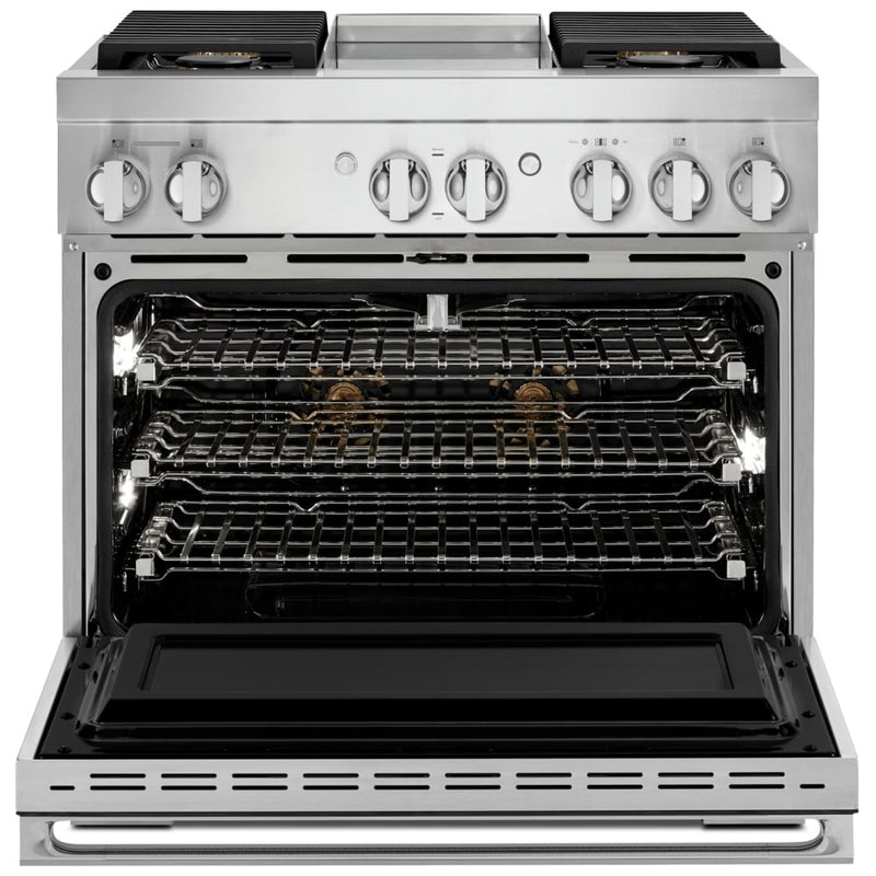 JennAir Noir JDRP536HM Dual Fuel Range, 5.1 cu. ft. Capacity, 36 inch Exterior Width, Dual Fan Convection, 4 Burners, Self Clean, Stainless Steel colour