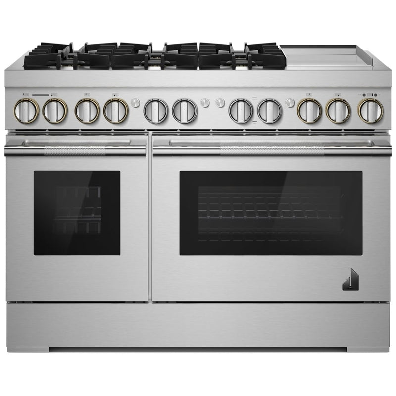 JennAir Rise JDRP548HL Dual Fuel Range, 6.3 cu. ft. Capacity, 48 inch Exterior Width, Dual Fan Convection, 6 Burners, Self Clean, Double Oven, Stainless Steel colour
