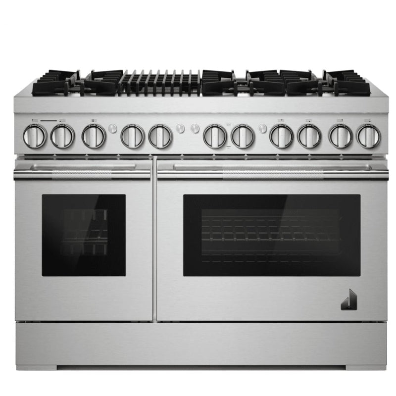 JennAir Rise JDRP648HL Dual Fuel Range, 6.3 cu. ft. Capacity, 48 inch Exterior Width, Dual Fan Convection, 6 Burners, Self Clean, Double Oven, Stainless Steel colour