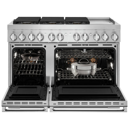 JennAir Noir JDSP548HM Dual Fuel Range, 6.3 cu. ft. Capacity, 48 inch Exterior Width, True Convection, 6 Burners, Self Clean, Double Oven, Stainless Steel Colour, Griddle