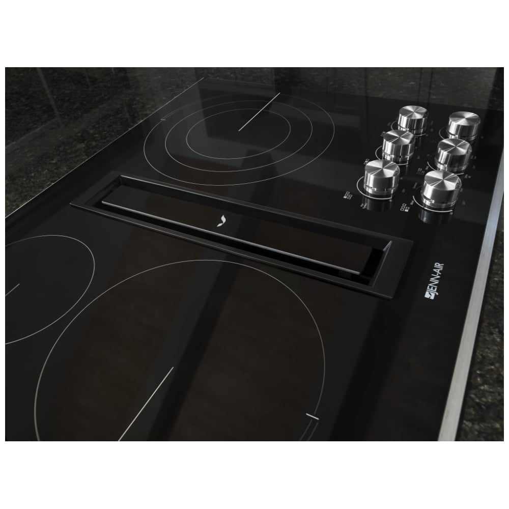 JennAir Euro Style JED3536GS Electric Cooktop, 36 inch Exterior Width, 5 Burners, Downdraft, 3,000 Watts Highest Burner Element, Black colour Downdraft Cooktop