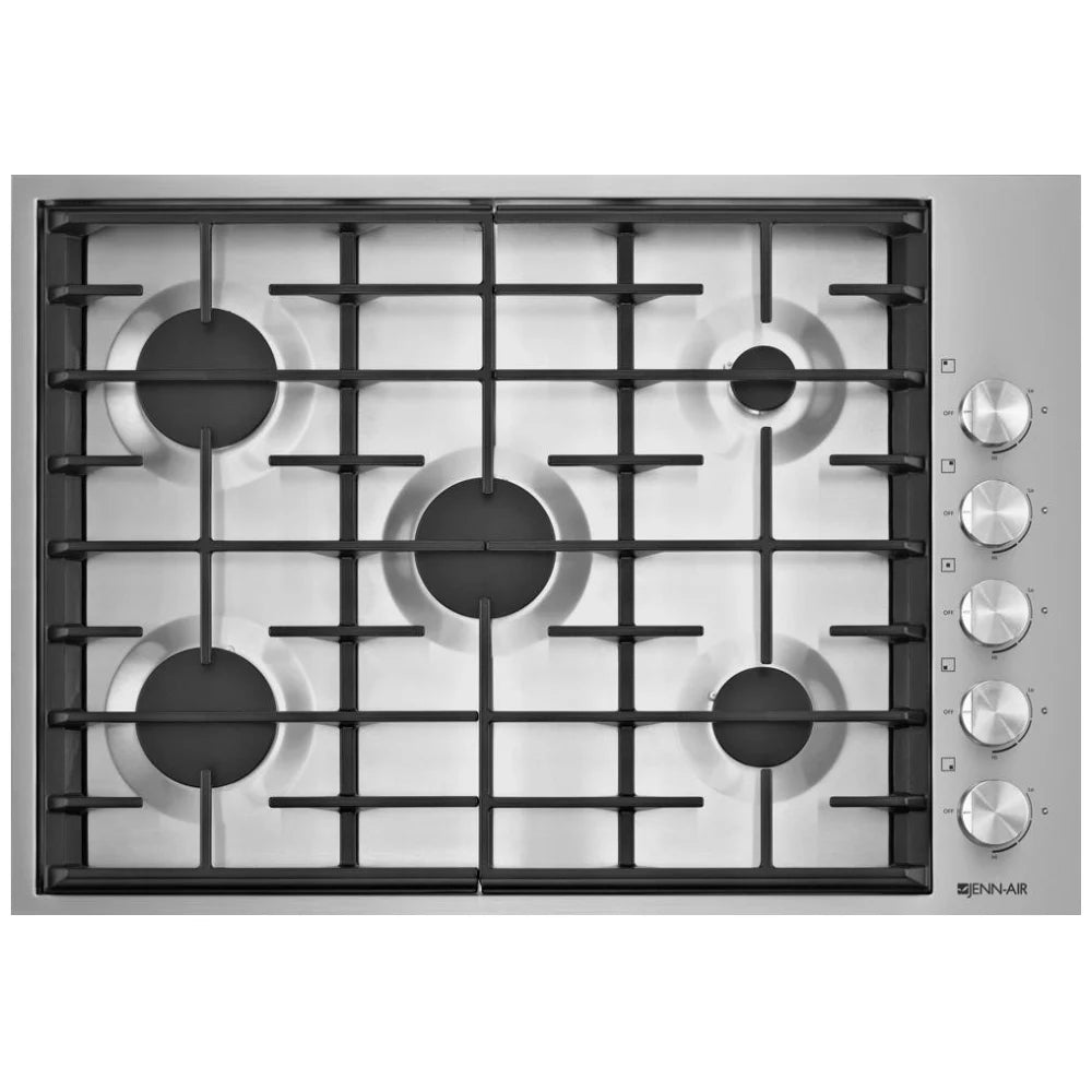 JennAir Euro Style JGC7530BS Ga Cooktop, 30 inch exterior width, 5 burners, 18,000 BTU highest burner, stainless steel colour