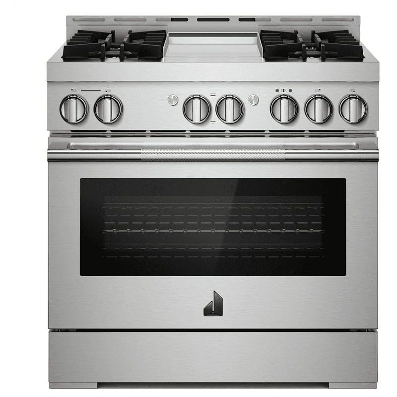 JennAir Rise JGRP536HL Gas Range, 5.1 cu. ft. Capacity, 36 inch Exterior Width, Self Clean, Dual Fan True Convection, 4 Burners, 20,000 BTU Highest Burner, Stainless Steel colour