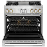 JennAir Rise JGRP536HL Gas Range, 5.1 cu. ft. Capacity, 36 inch Exterior Width, Self Clean, Dual Fan True Convection, 4 Burners, 20,000 BTU Highest Burner, Stainless Steel colour