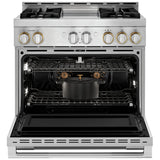 JennAir Rise JGRP536HL Gas Range, 5.1 cu. ft. Capacity, 36 inch Exterior Width, Self Clean, Dual Fan True Convection, 4 Burners, 20,000 BTU Highest Burner, Stainless Steel colour