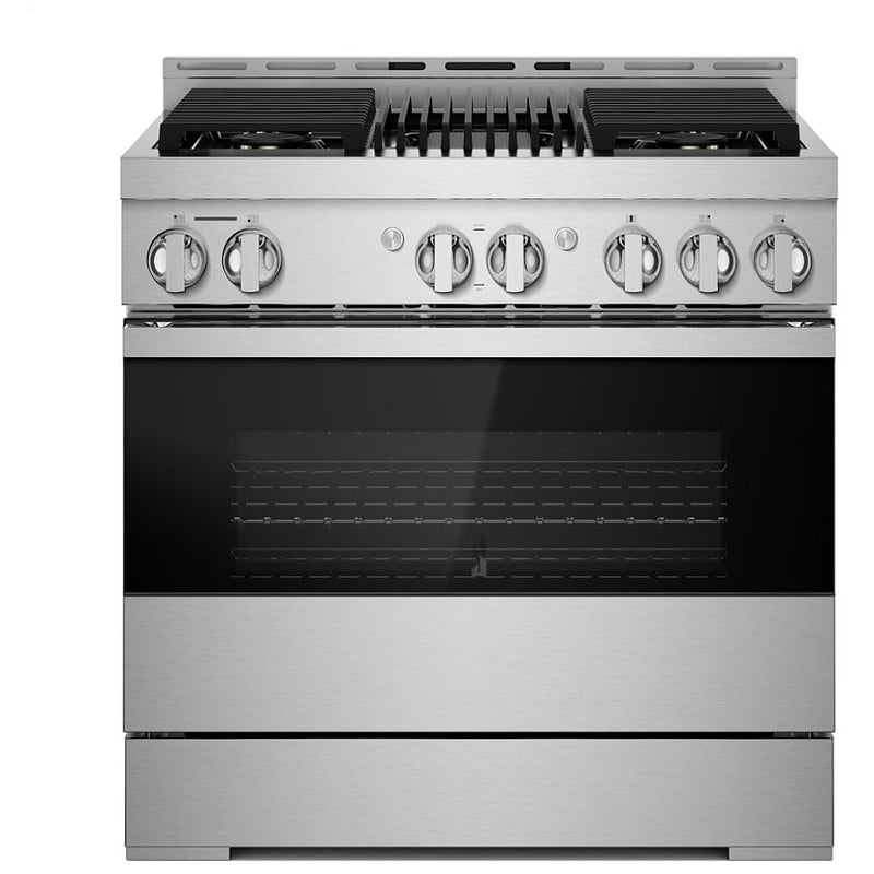 JennAir Noir JGRP636HM Gas Range, 5.1 cu. ft. Capacity, 36 inch Exterior Width, Self Clean, Dual Fan Convection, 4 Burners, 20,000 BTU Highest Burner, Stainless Steel colour