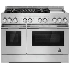 JennAir Rise JGRP748HL Gas Range, 6.3 cu. ft. Capacity, 48 inch Exterior Width, Self Clean, Dual Fan True Convection, 20,000 BTU Highest Burner, Double Oven, Stainless Steel colour