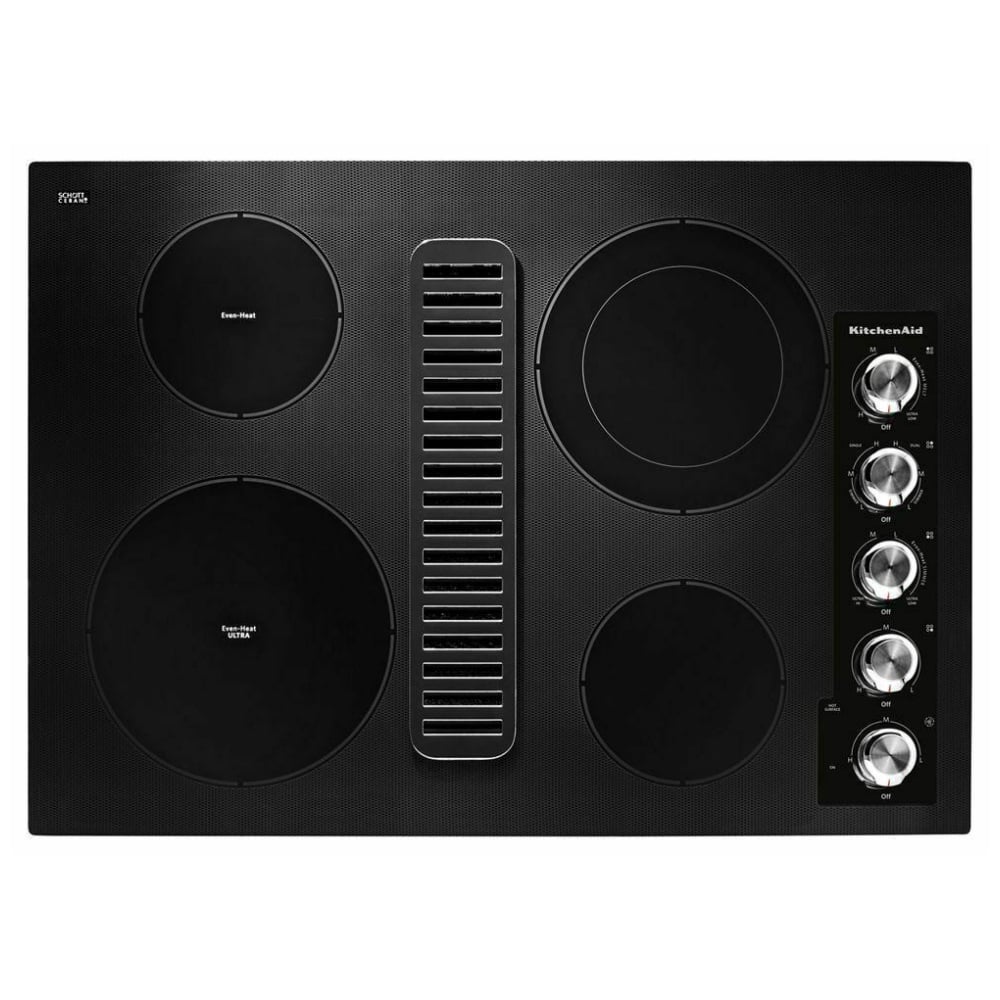KitchenAid KCED600GBL Electric Cooktop, 30 inch Exterior Width, 4 Burners, Downdraft, 3,200 W Highest Element, Black colour