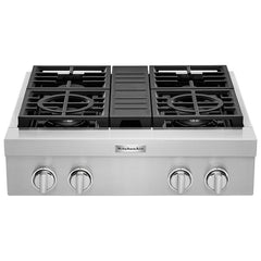 KitchenAid KCGC500JSS Gas Cooktop, 30 inch Exterior Width, 4 Burners, 20,000 BTU Highest Burner, Stainless Steel colour