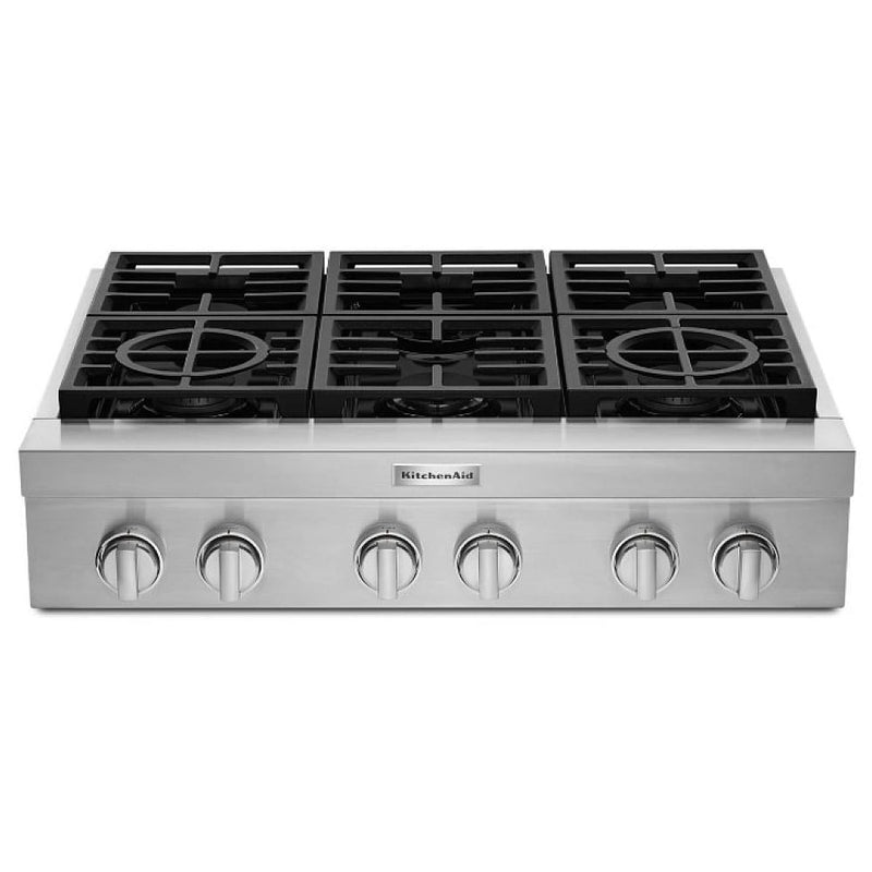 KitchenAid KCGC506JSS Gas Cooktop, 36 inch Exterior Width, 6 Burners, 20,000 BTU Highest Burner, Stainless Steel colour