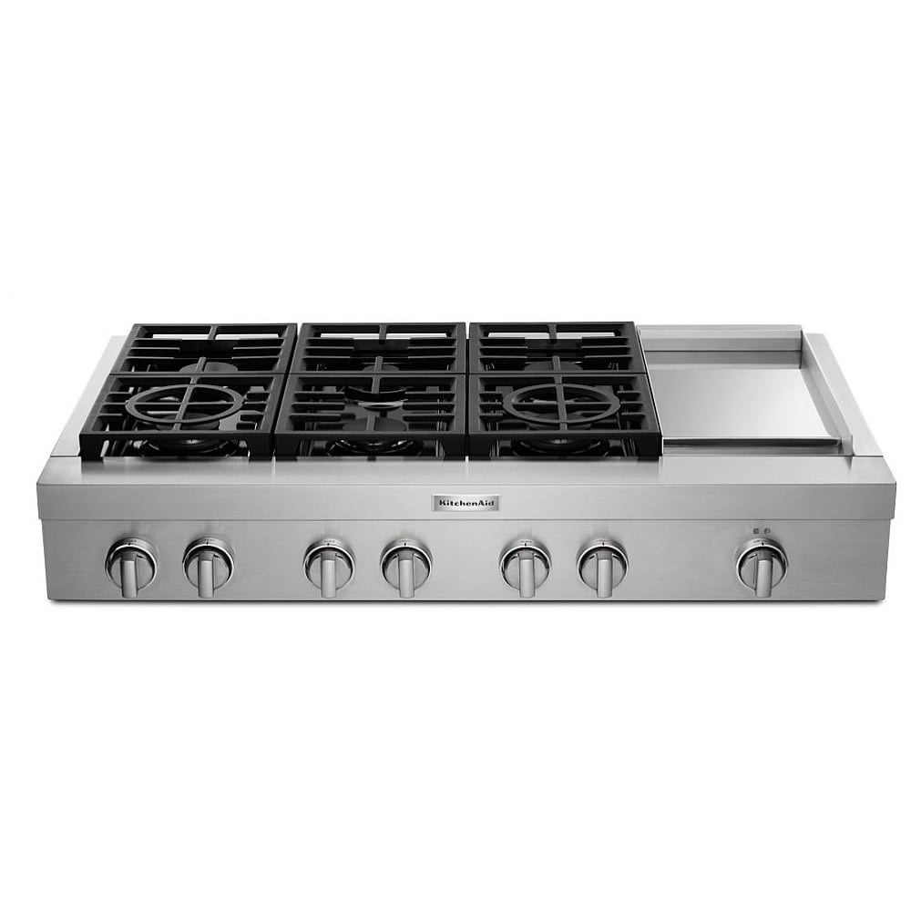 KitchenAid KCGC558JSS Gas Cooktop, 48 inch Exterior Width, 6 Burners, 20,000 BTU Highest Burner, Stainless Steel colour