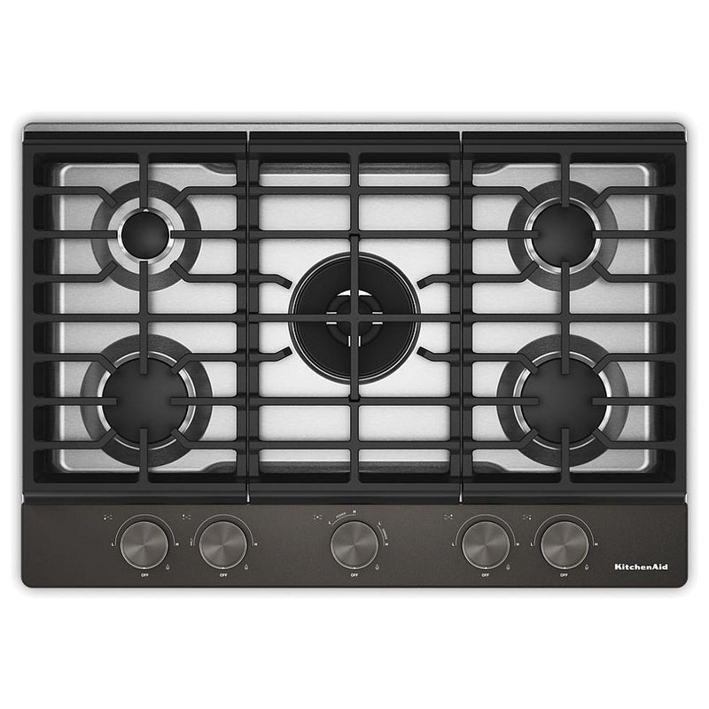 KitchenAid KCGK730SBE 30 inch, Gas Cooktop, 5 Burners and Integrated Wok Grate