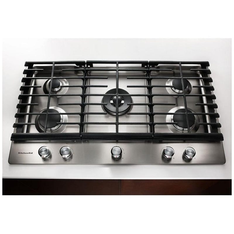 KitchenAid KCGS556ESS Gas Cooktop, 36 inch Exterior Width, 5 Burners, 20,000 BTU Highest Burner, Stainless Steel colour