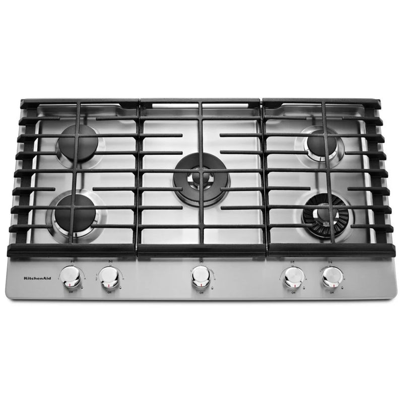 KitchenAid KCGS956ESS Gas Cooktop, 36 inch Exterior Width, 5 Burners, 20,000 BTU Highest Burner, Stainless Steel colour