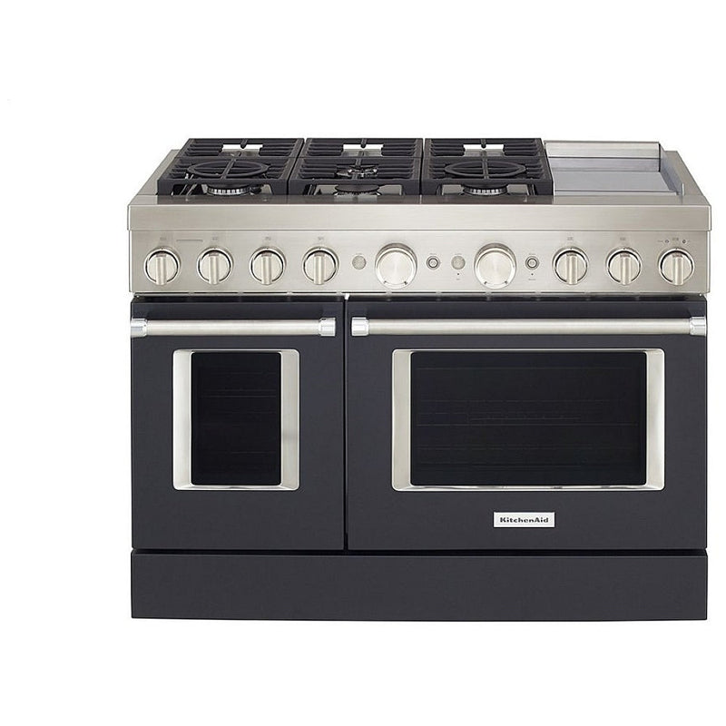 KitchenAid KFDC558JBK Dual Fuel Range, 6.3 cu. ft. Capacity, 48 inch Exterior Width, True Convection, 6 Burners, Self Clean, Double Oven, Imperial Black colour
