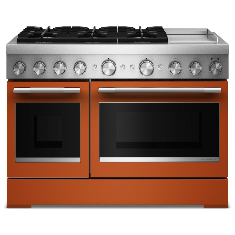 KitchenAid KFDD948SSC Dual Fuel Range, 6.3 cu. ft. Capacity, 48 inch Exterior Width, True Convection, 6 Burners, Air Fry, Self Clean, Double Oven, Scorched Orange colour