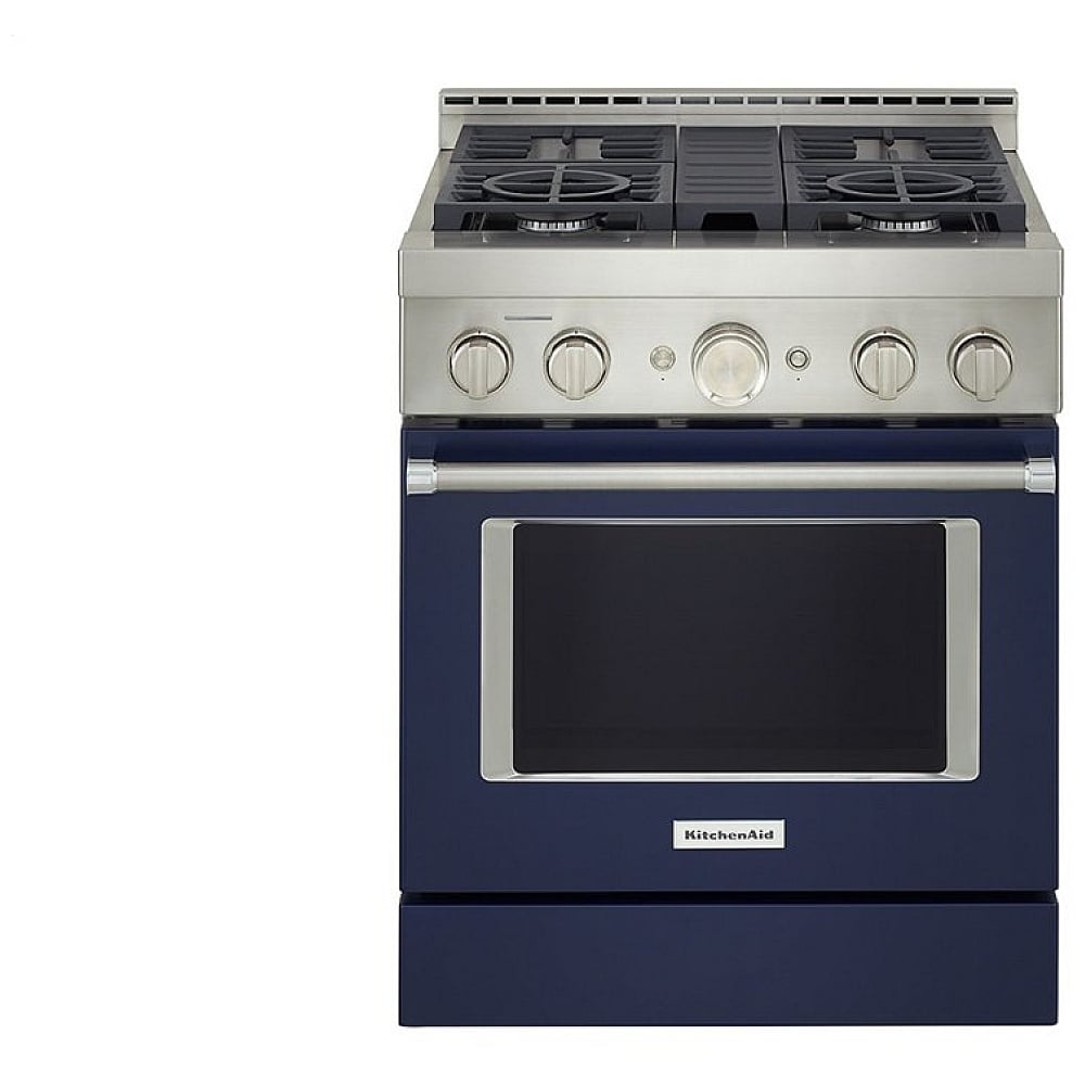 KitchenAid KFGC500JIB Gas Range, 30 inch Exterior Width, Self Clean, Convection, 4 Burners, 4.1 cu. ft. Capacity, 1 Oven, Ink Blue colour, True European Convection
