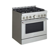 KitchenAid KFGC506JSS Gas Range, 5.1 cu. ft. Capacity, 36 inch Exterior Width, Self Clean, True Convection, 6 Burners, 20,000 BTU Highest Burner, Stainless Steel colour