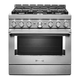 KitchenAid KFGC506JSS Gas Range, 5.1 cu. ft. Capacity, 36 inch Exterior Width, Self Clean, True Convection, 6 Burners, 20,000 BTU Highest Burner, Stainless Steel colour