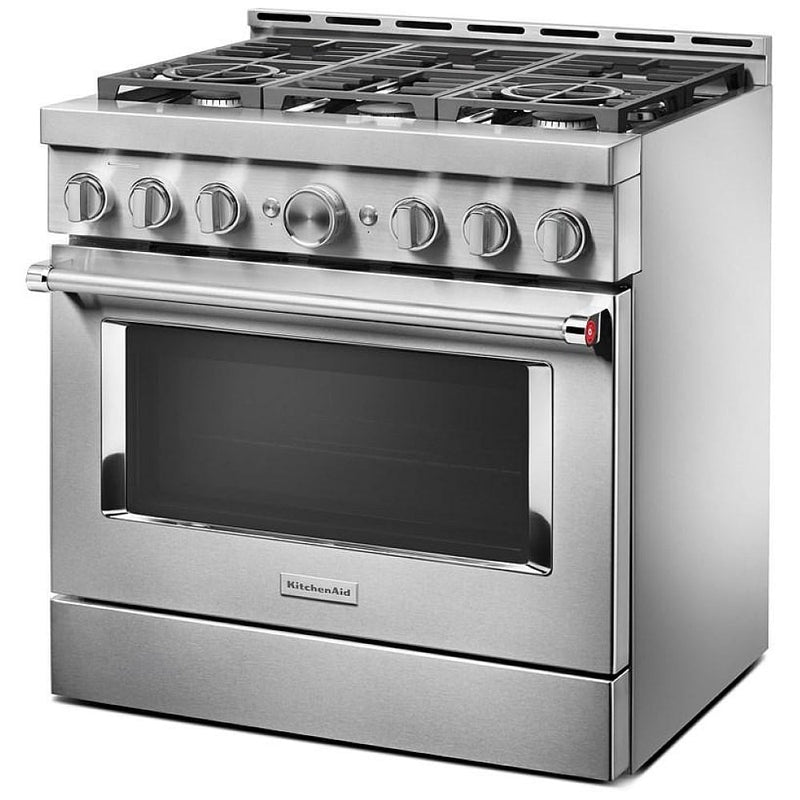 KitchenAid KFGC506JSS Gas Range, 5.1 cu. ft. Capacity, 36 inch Exterior Width, Self Clean, True Convection, 6 Burners, 20,000 BTU Highest Burner, Stainless Steel colour