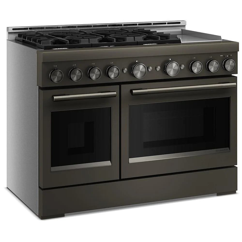KitchenAid KFGD948SBE Gas Range, 6.3 cu. ft. Capacity, 48 inch Exterior Width, Self Clean, True Convection, 6 Burners, Air Fry, 20,000 BTU Highest Burner, Double Oven, Black Ore colour