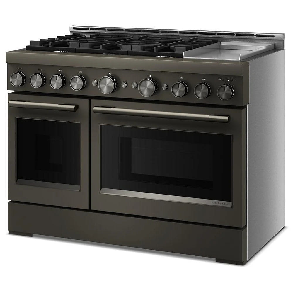 KitchenAid KFGD948SBE Gas Range, 6.3 cu. ft. Capacity, 48 inch Exterior Width, Self Clean, True Convection, 6 Burners, Air Fry, 20,000 BTU Highest Burner, Double Oven, Black Ore colour