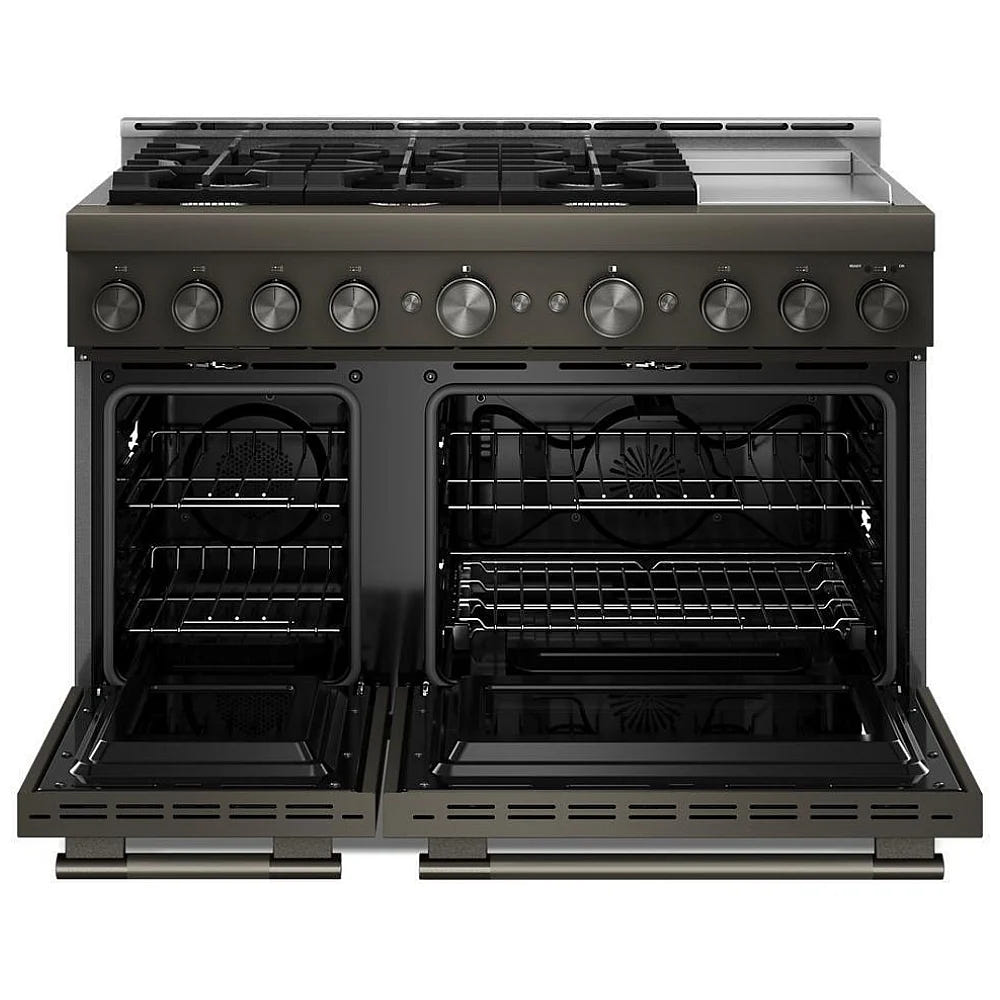 KitchenAid KFGD948SBE Gas Range, 6.3 cu. ft. Capacity, 48 inch Exterior Width, Self Clean, True Convection, 6 Burners, Air Fry, 20,000 BTU Highest Burner, Double Oven, Black Ore colour