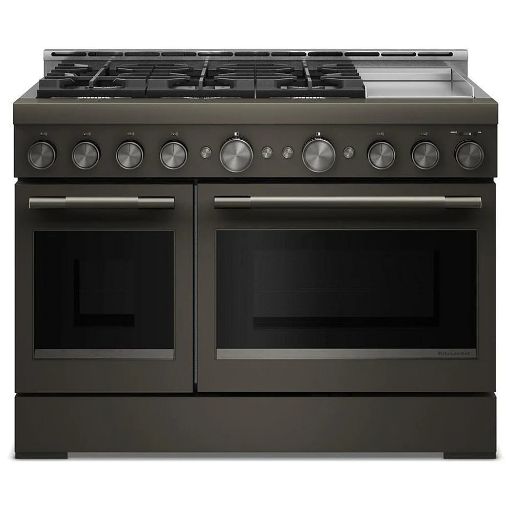 KitchenAid KFGD948SBE Gas Range, 6.3 cu. ft. Capacity, 48 inch Exterior Width, Self Clean, True Convection, 6 Burners, Air Fry, 20,000 BTU Highest Burner, Double Oven, Black Ore colour