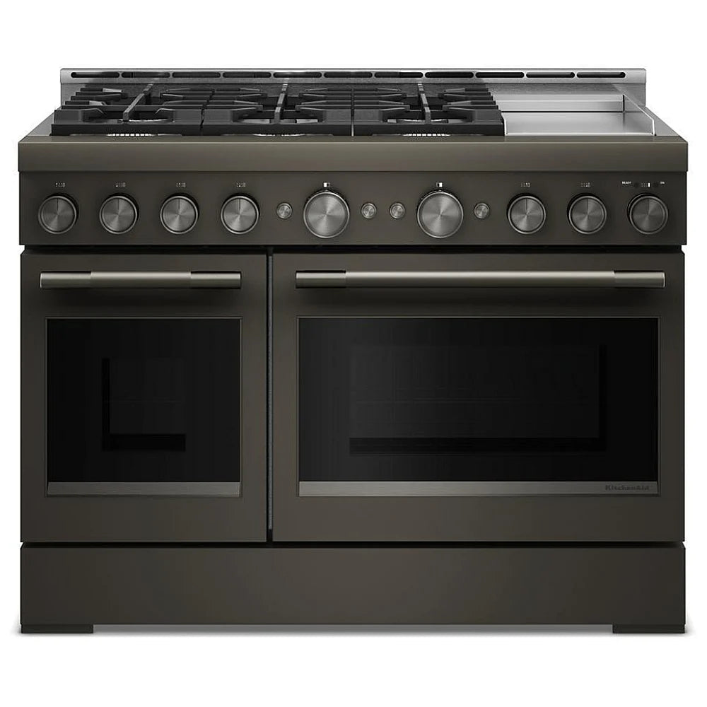KitchenAid KFGD948SBE Gas Range, 6.3 cu. ft. Capacity, 48 inch Exterior Width, Self Clean, True Convection, 6 Burners, Air Fry, 20,000 BTU Highest Burner, Double Oven, Black Ore colour