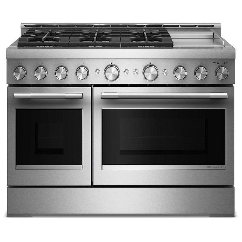 KitchenAid KFGD948SSS Gas Range, 6.3 cu. ft. Capacity, 48 inch Exterior Width, Self Clean, True Convection, 6 Burners, Air Fry, 20,000 BTU Highest Burner, Double Oven, Stainless Steel colour