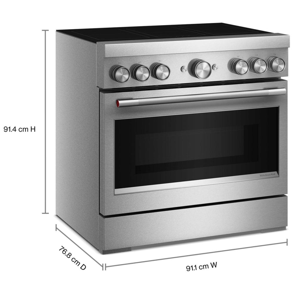 KitchenAid KFIS936SSS Induction Range, 5.1 cu. ft. Capacity, 36 inch Exterior Width, True Convection, 6 Burners, Air Fry, Self Clean, 3,700 W Highest Element, Stainless Steel colour, Even-Heat™