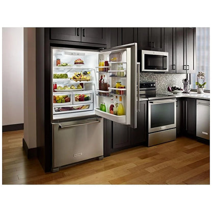 KitchenAid KRBR102ESS 底部冷冻冰箱，33 英寸宽，能源之星认证，22.1 立方英尺容量，可选制冰机（特殊订购），不锈钢颜色