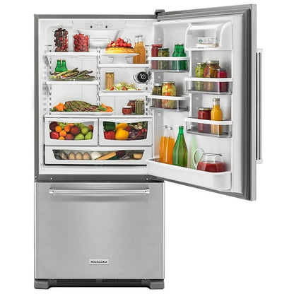 KitchenAid KRBR102ESS 底部冷冻冰箱，33 英寸宽，能源之星认证，22.1 立方英尺容量，可选制冰机（特殊订购），不锈钢颜色