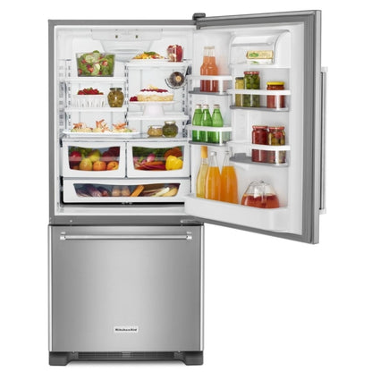 KitchenAid KRBR109ESS Bottom Freezer Refrigerator, 30 inch Width, ENERGY STAR Certified, 18.7 cu. ft. Capacity, Optional Ice Maker (Special Order), Stainless Steel Colour