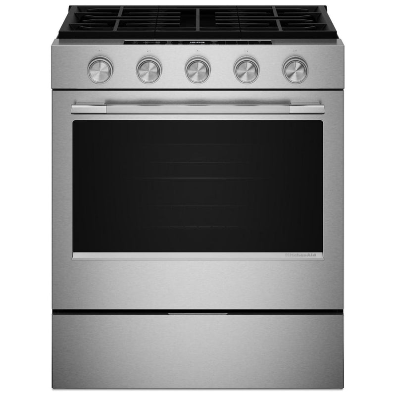KitchenAid KSGS330SPS Gas Range, 5.0 cu. ft. Capacity, 30 inch Exterior Width, Self Clean, True Convection, 5 Burners, Storage Drawer, Air Fry, 18,000 BTU Highest Burner, FingerPrint Resistant Stainless Steel colour