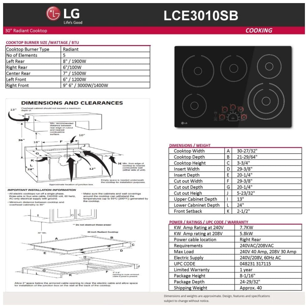 30" Electric Cooktop LCE3010SB