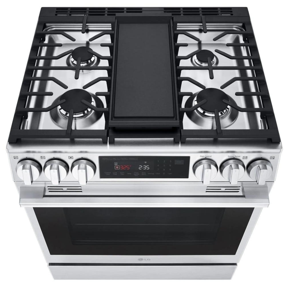 LG LSGL6335X 燃气灶，6.3 立方英尺容量，30 英寸外部宽度，自清洁，对流，5 个燃烧器，储物抽屉，空气炸锅，20,000 BTU