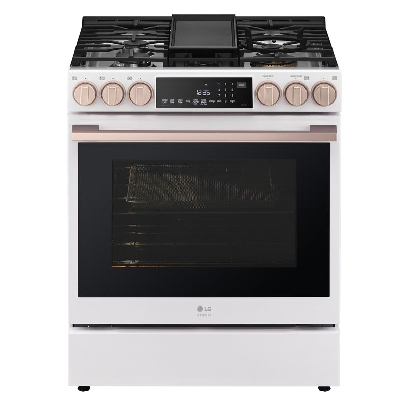 LG Studio LSGS6338N Gas Range, 6.3 cu. ft. Capacity, 30 inch Exterior Width, Self Clean, True Convection, Storage Drawer, Yes, 22,000 BTU Highest Burner, Essence White colour