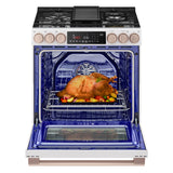 LG Studio Essence White 6.3 cu.ft. Gas Slide-in Range with InstaView LSGS6338N front open filled view