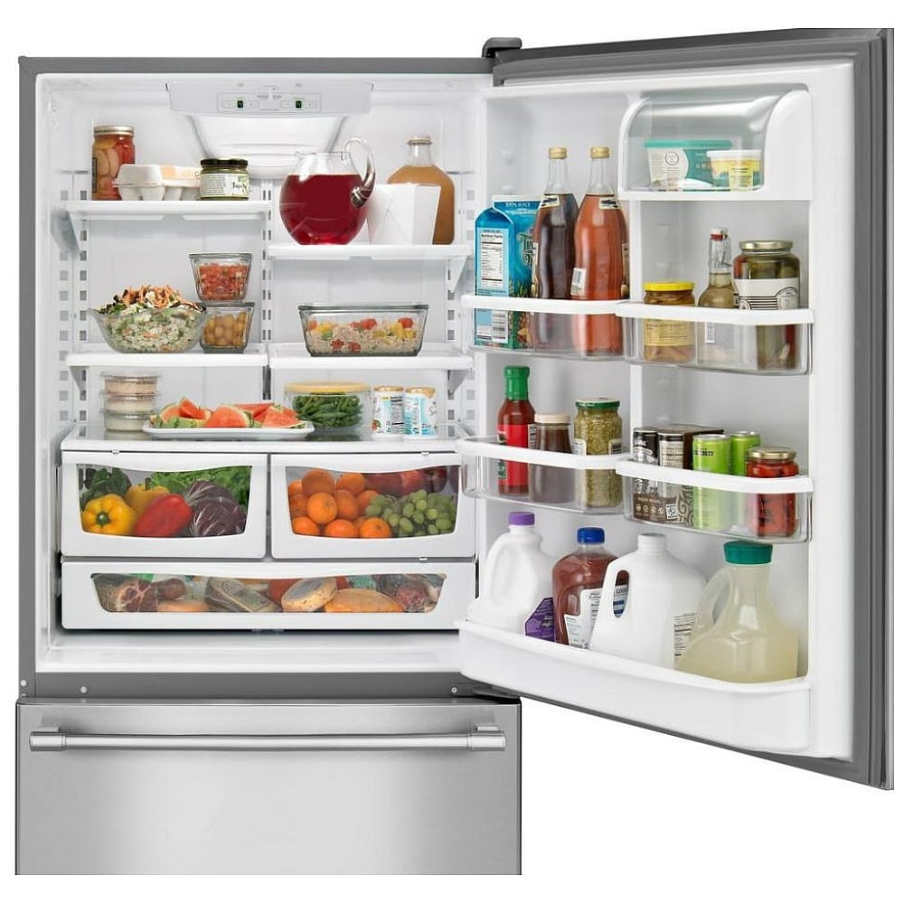 Maytag MBF2258FEZ Bottom Freezer Refrigerator, 33 inch Width, ENERGY STAR Certified, 22.07 cu. ft. Capacity, Ice Dispenser (Freezer Located), Stainless Steel colour