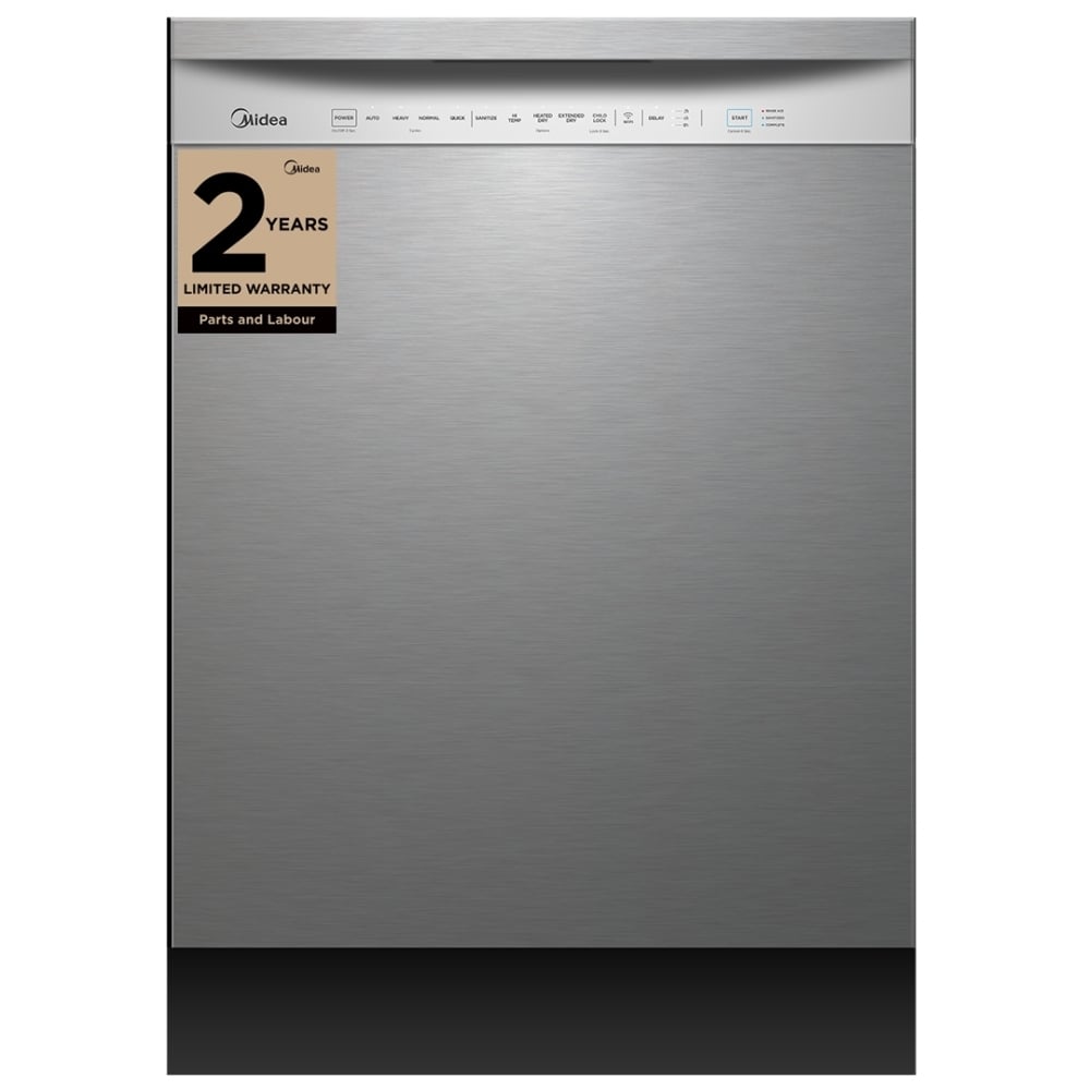 Midea MDF24P1AST Dishwasher, 24 inch Exterior Width, 52 dB Decibel Level, Full Console, Stainless Interior, 4 Wash Cycles, 14 Capacity (Place Settings), Hard Food Disposal, 2 Loading Racks, Wifi Enabled, Stainless Steel colour