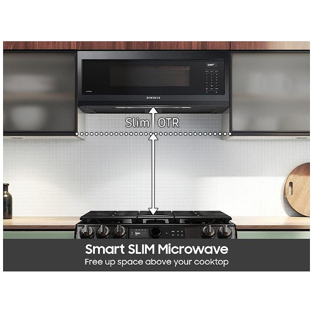 Samsung ME11F7510MT Over the Range Microwave, 30 inch Exterior Width, 1.1 cu. ft. Capacity, 400 CFM, 1,000 W Watts, Halogen Black Stainless Steel colour