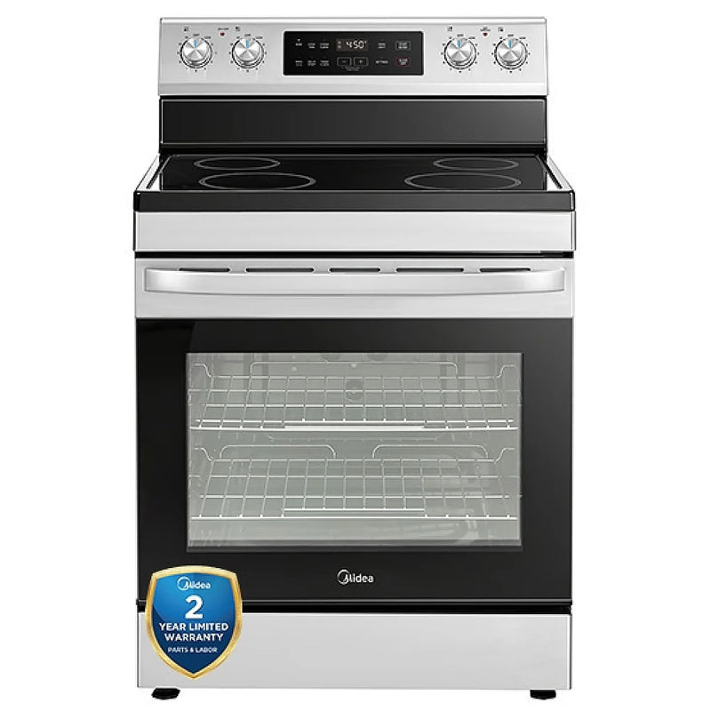 Midea MER30B14ASTC Electric Range, 6.3 cu. ft. Capacity, 30 inch Exterior Width, 4 Burners, Storage Drawer, Manual Clean, 1,800 W Highest Element, Stainless Steel colour