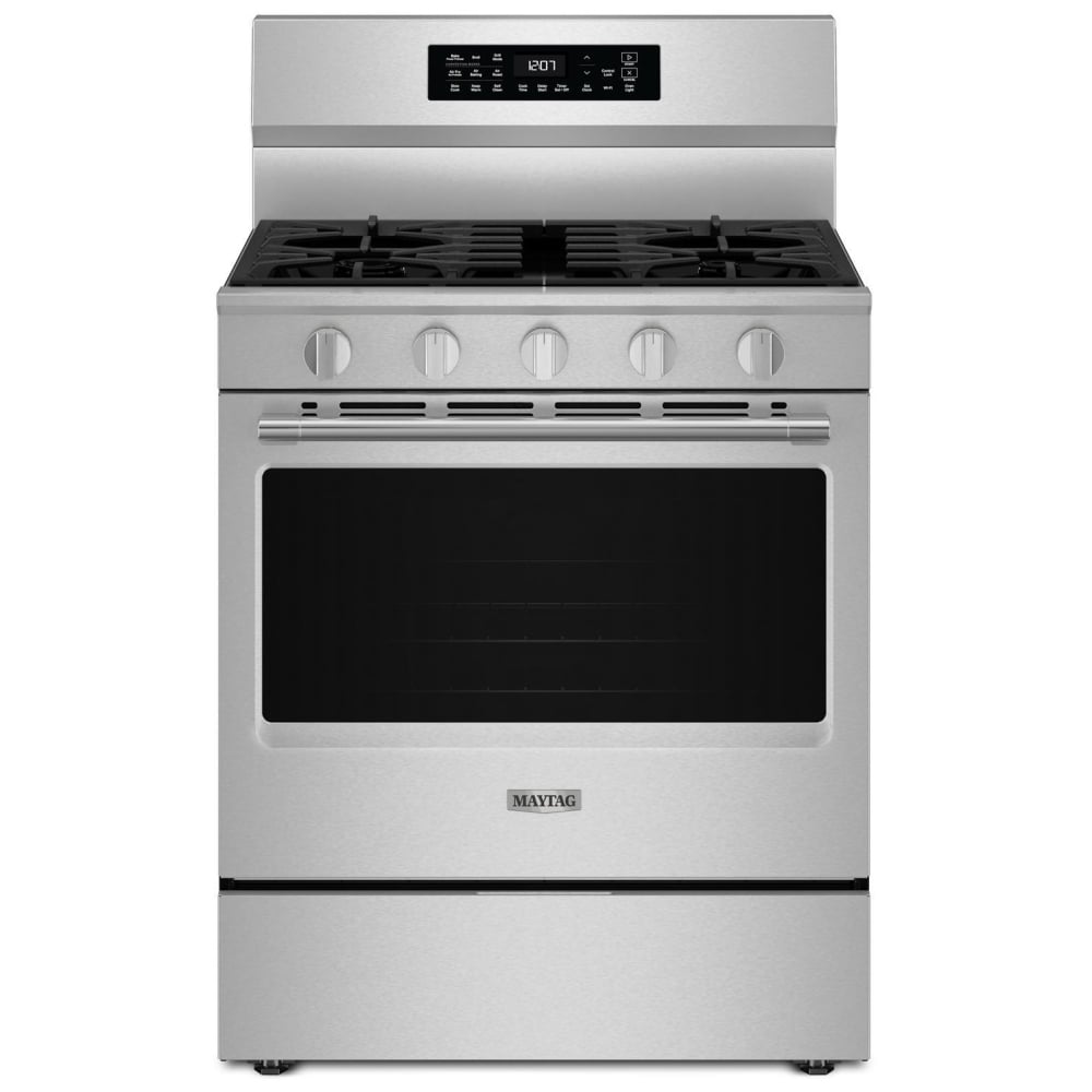 Maytag MFGS7030SZ Gas Range, 5.0 cu. ft. Capacity, 30 inch Exterior Width, Self Clean, Convection, 5 Burners, Storage Drawer, Air Fry, 18,000 BTU Highest Burner, FingerPrint Resistant Stainless Steel colour