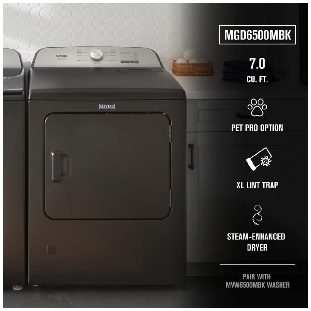 Maytag MGD6500MBK Gas Dryer | 7 cu. ft. Capacity, Steam Clean, 4 Temperature Settings